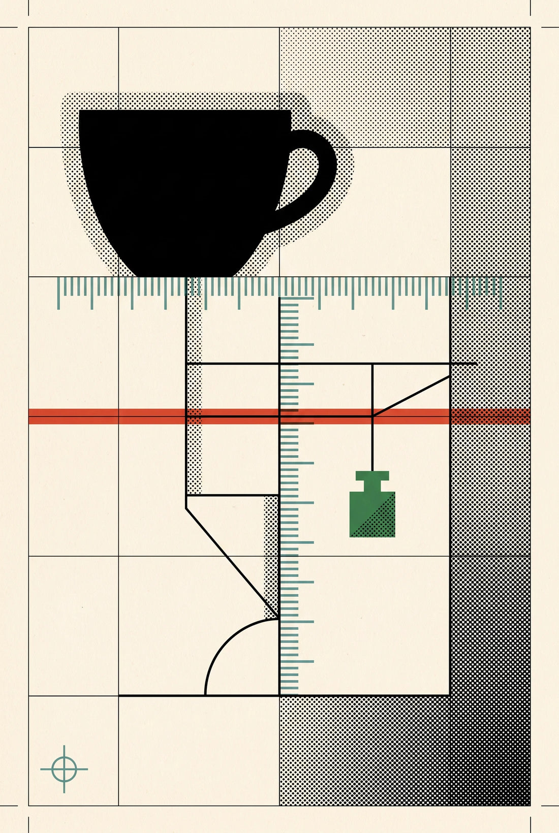 Coffee cup silhouette balanced against an abstract measuring scale.