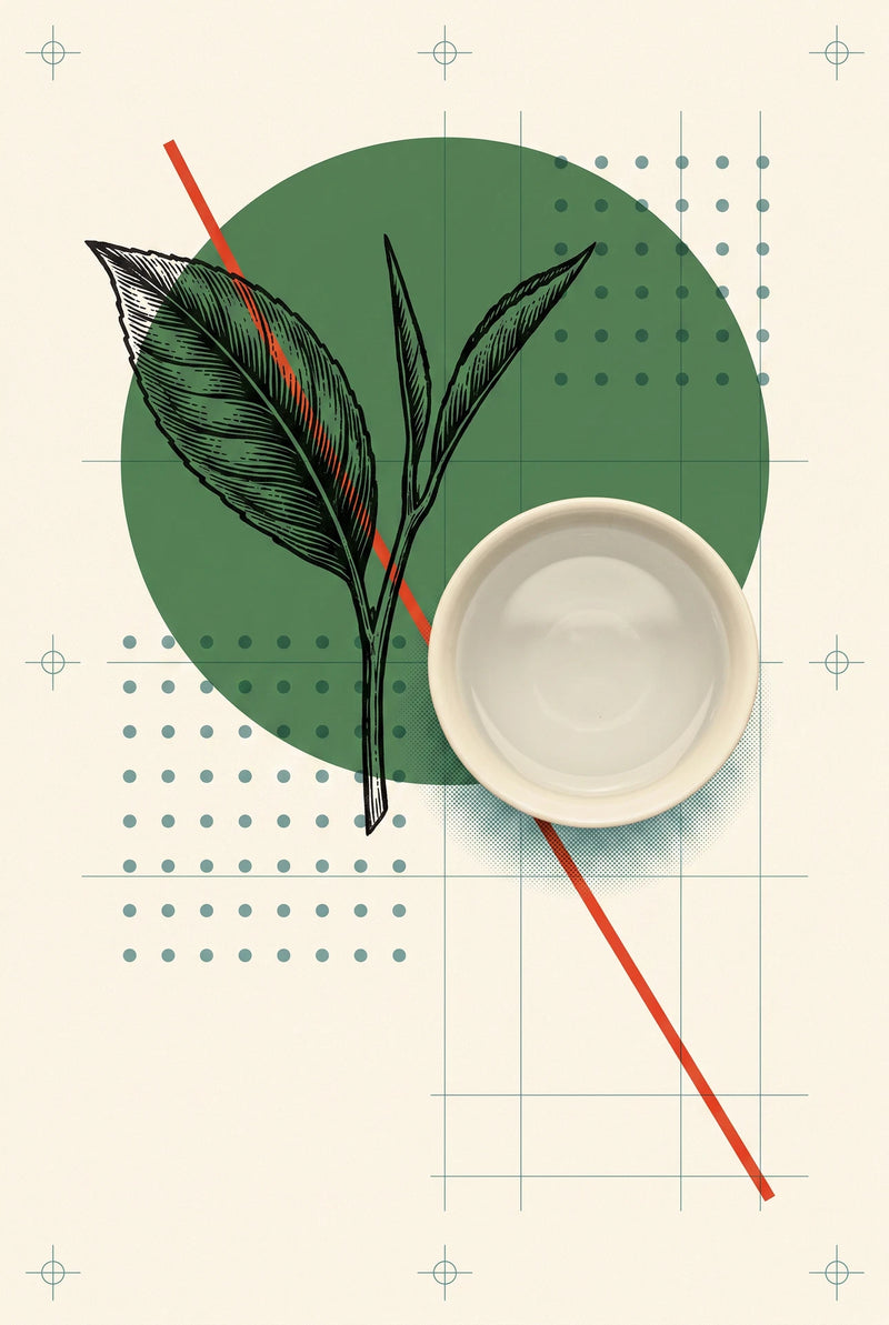 Tea leaf and cup in an asymmetrical green and red editorial study.