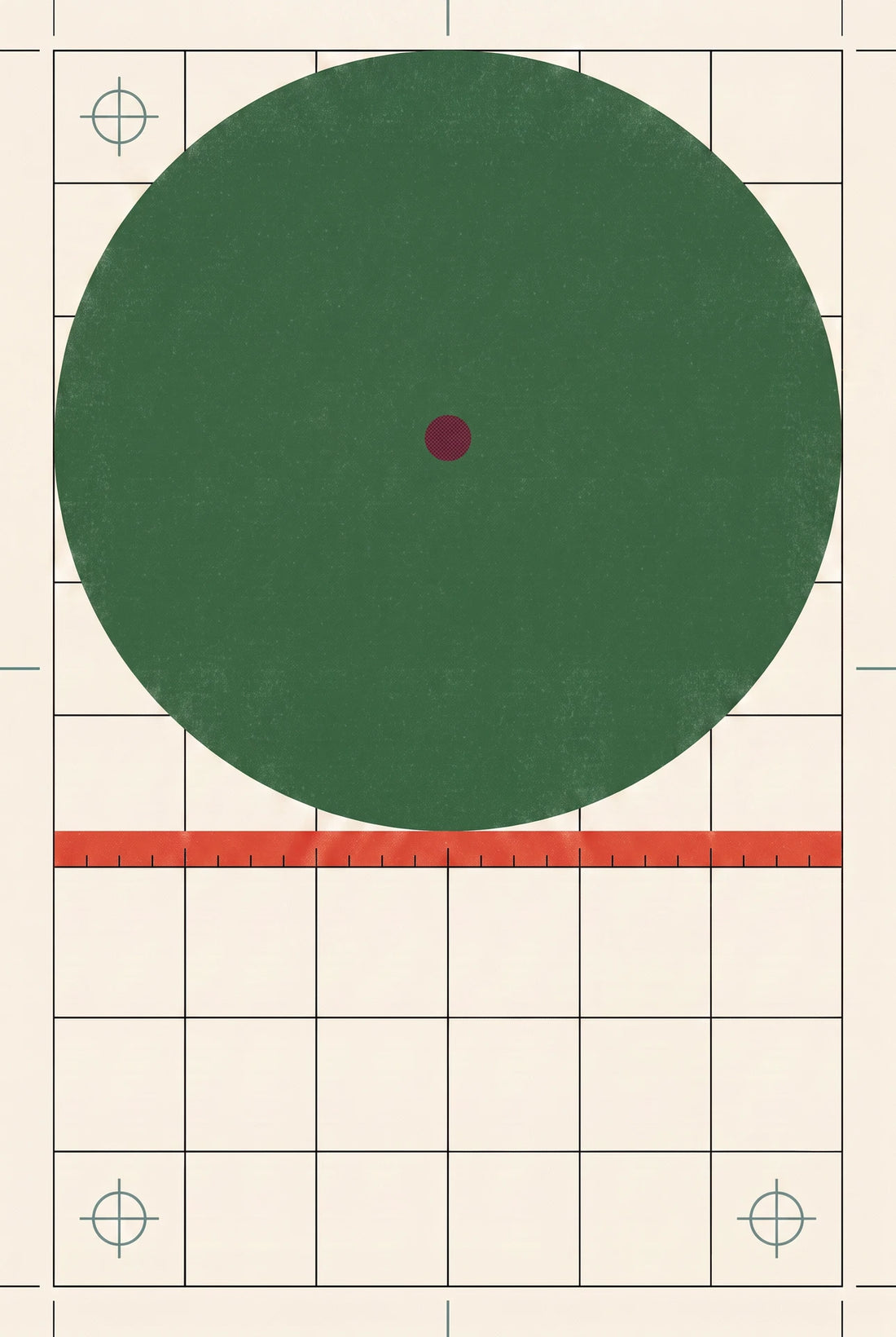 Small burgundy dot set within a large green circle on a precision grid.