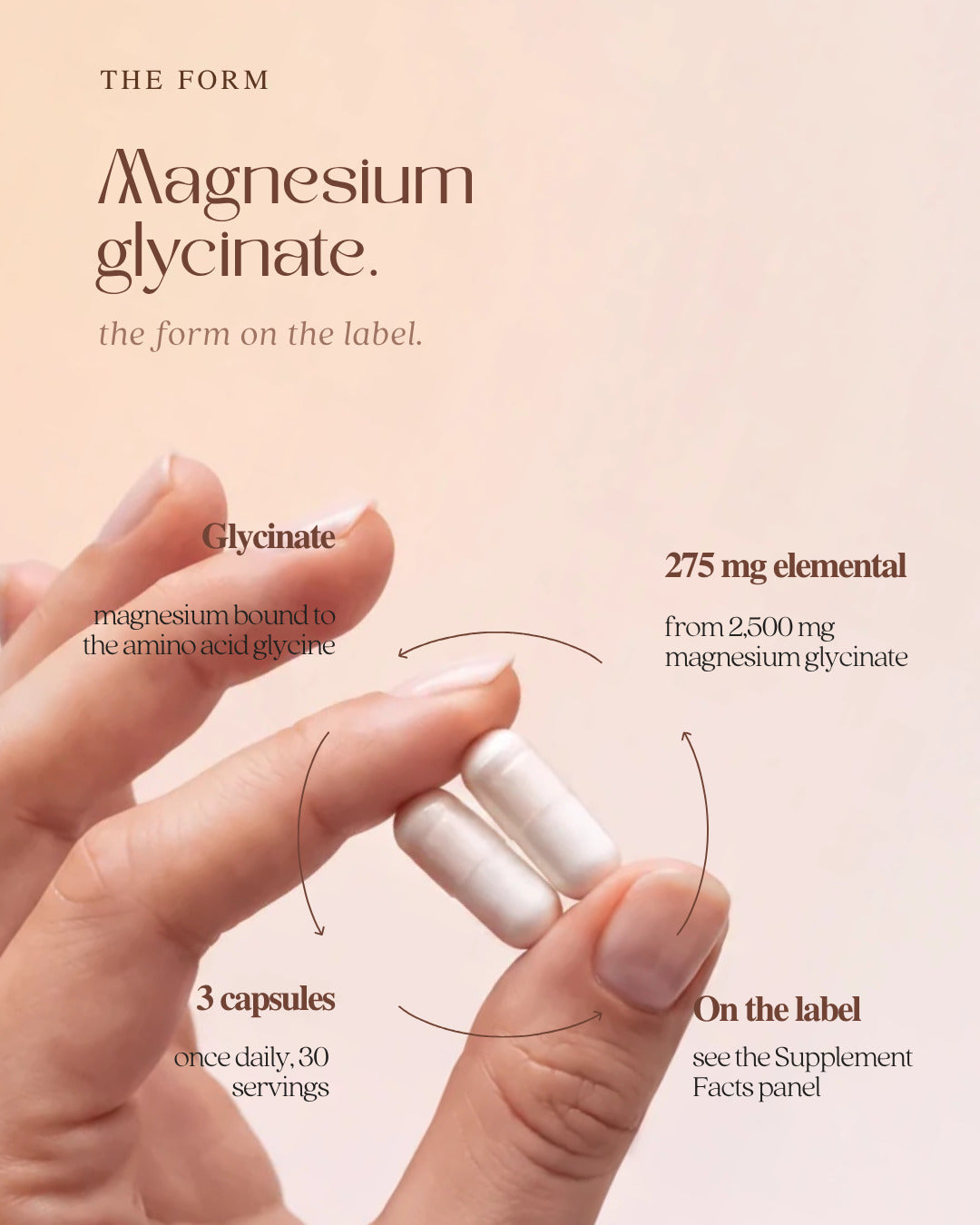 CALMÉA Magnesium Glycinate — magnesium bound to the amino acid glycine, 275 mg elemental from 2,500 mg, 3 capsules once daily.